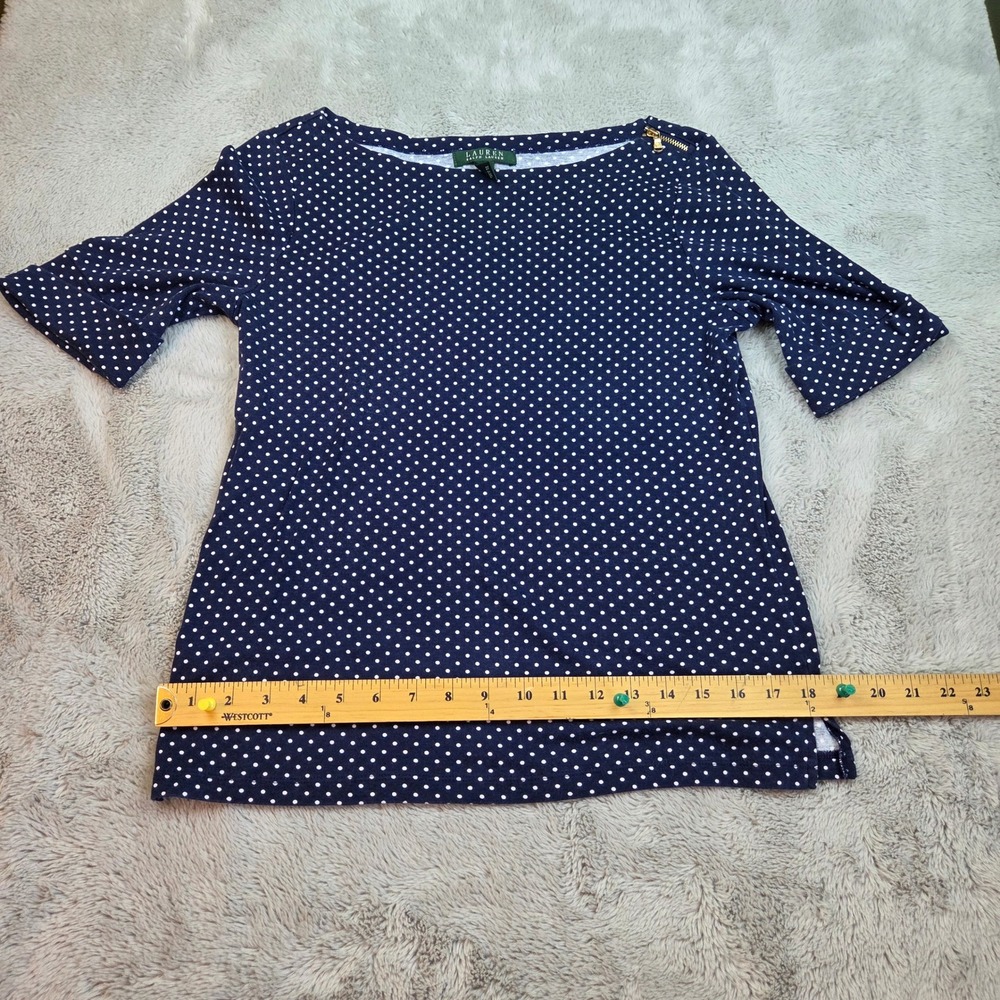 Lauren Ralph Lauren Polka Dot Top Womens L Boat Neck Shoulder Zip Navy White Lg